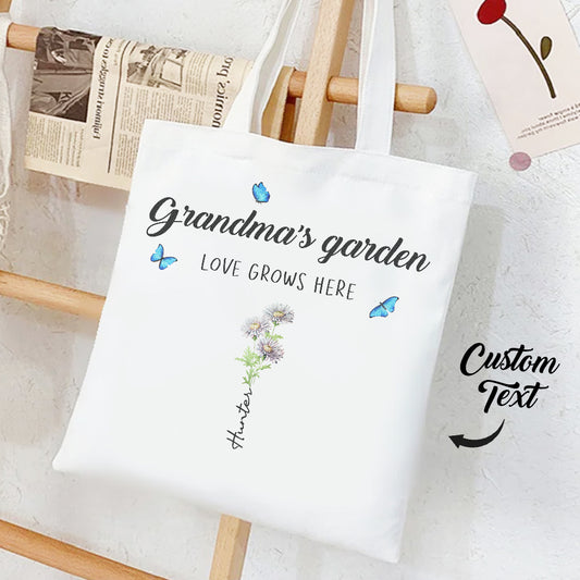 GRANDMAS GARDEN TOTE WITH BIRTH FLOWER AND NAMES AT WWW.PERSONALISEDANDPRETTY.COM 