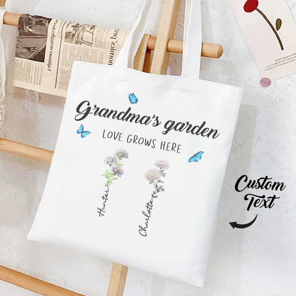 GRANDMAS GARDEN TOTE WITH BIRTH FLOWER AND NAMES AT WWW.PERSONALISEDANDPRETTY.COM 