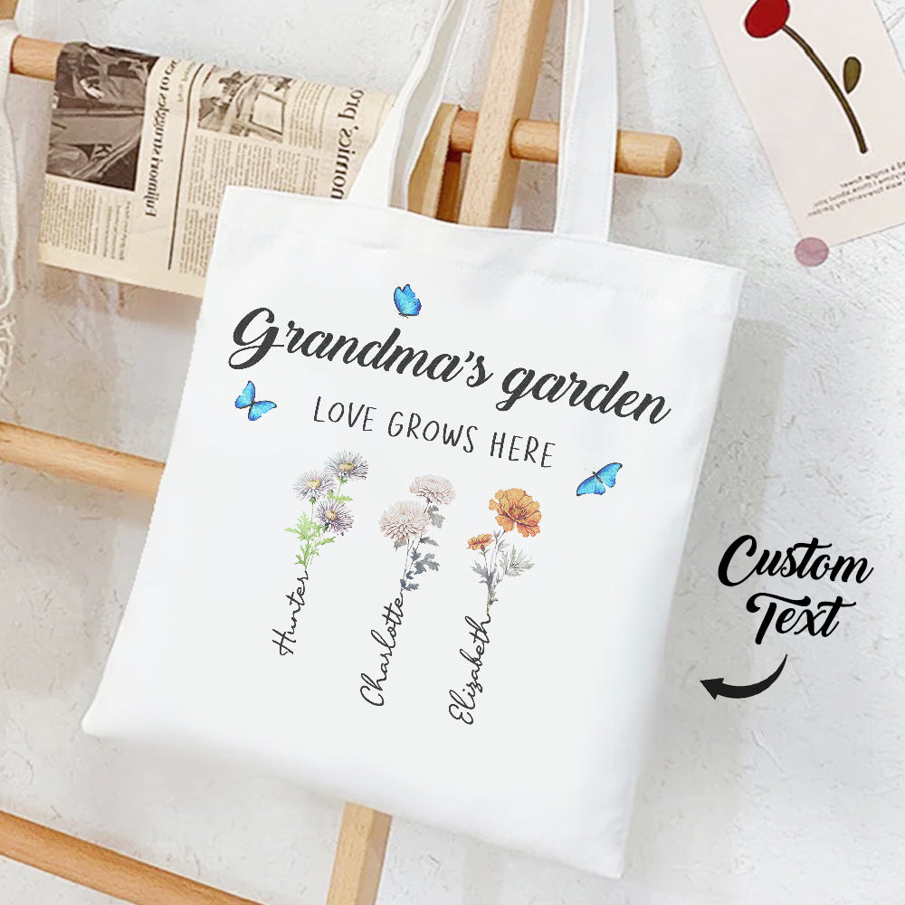 GRANDMAS GARDEN TOTE WITH BIRTH FLOWER AND NAMES AT WWW.PERSONALISEDANDPRETTY.COM 