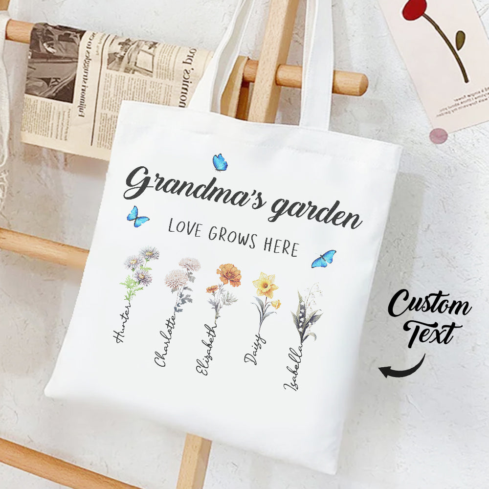 GRANDMAS GARDEN TOTE WITH BIRTH FLOWER AND NAMES AT WWW.PERSONALISEDANDPRETTY.COM 