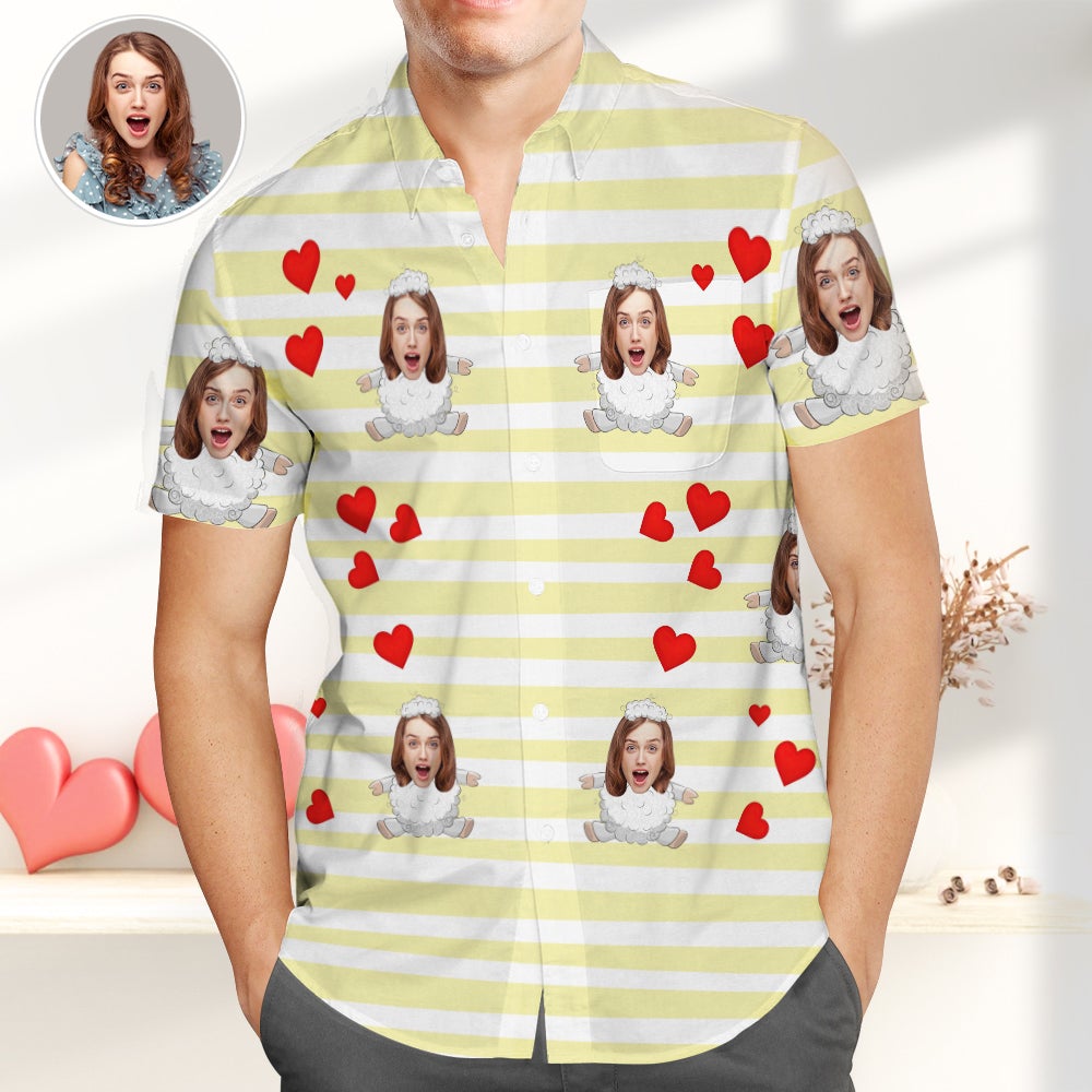 yellow stripes hearts and sheep Custom Photo Upload Beach Shirt for him -  - white Hawaiian shirt - stag hen party