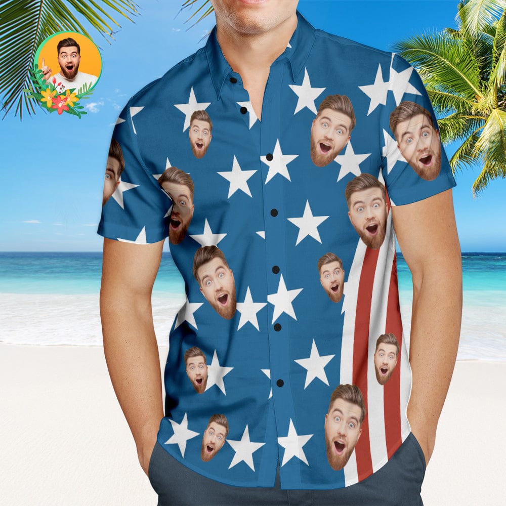 4 TH JULY - INDEPENDENCE DAY SHIRT WITH FACE UPLOAD - Custom Photo Upload Beach Shirt for him -  - white Hawaiian shirt - stag hen party