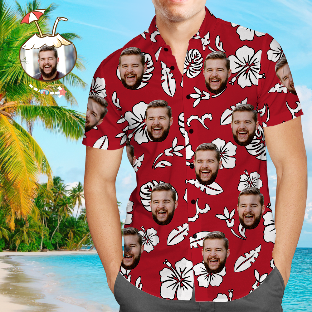 red with rear text Custom Photo Upload Beach Shirt for him -  - white Hawaiian shirt - stag hen party