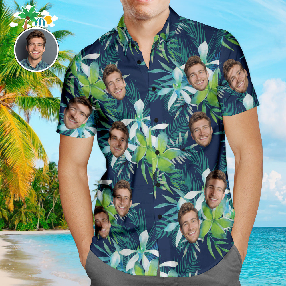 blue Custom Photo Upload Beach Shirt for him -  - white Hawaiian shirt - stag hen party