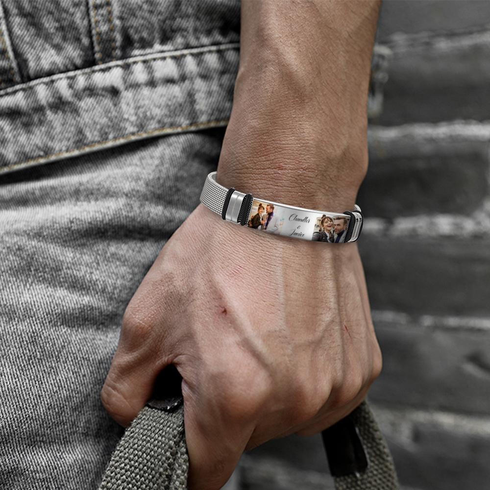 www.personalisedandpretty.com - Custom Stainless Steel Mens Bracelet With Two Photo And Engraved Words