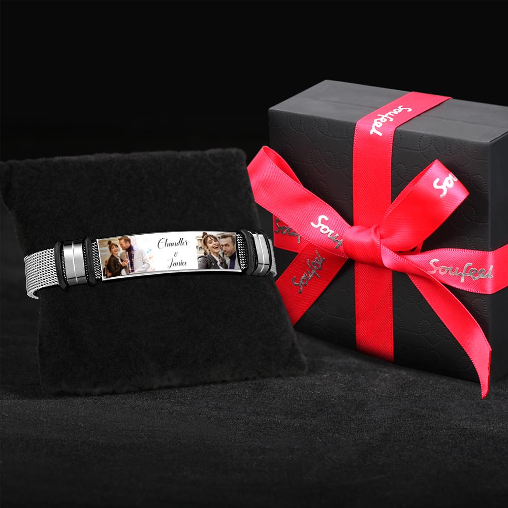 www.personalisedandpretty.com - Custom Stainless Steel Mens Bracelet With Two Photo And Engraved Words