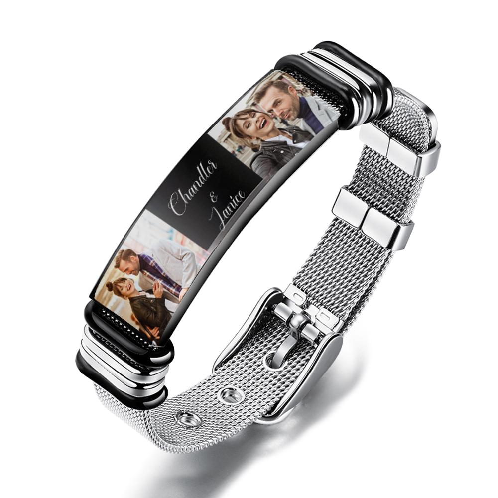 www.personalisedandpretty.com - Custom Stainless Steel Mens Bracelet With Two Photo And Engraved Words