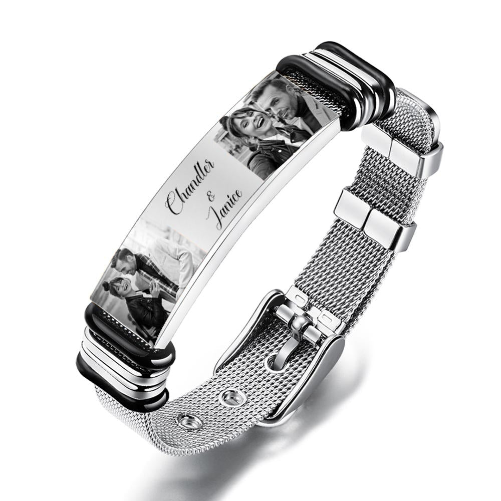 www.personalisedandpretty.com - Custom Stainless Steel Mens Bracelet With Two Photo And Engraved Words