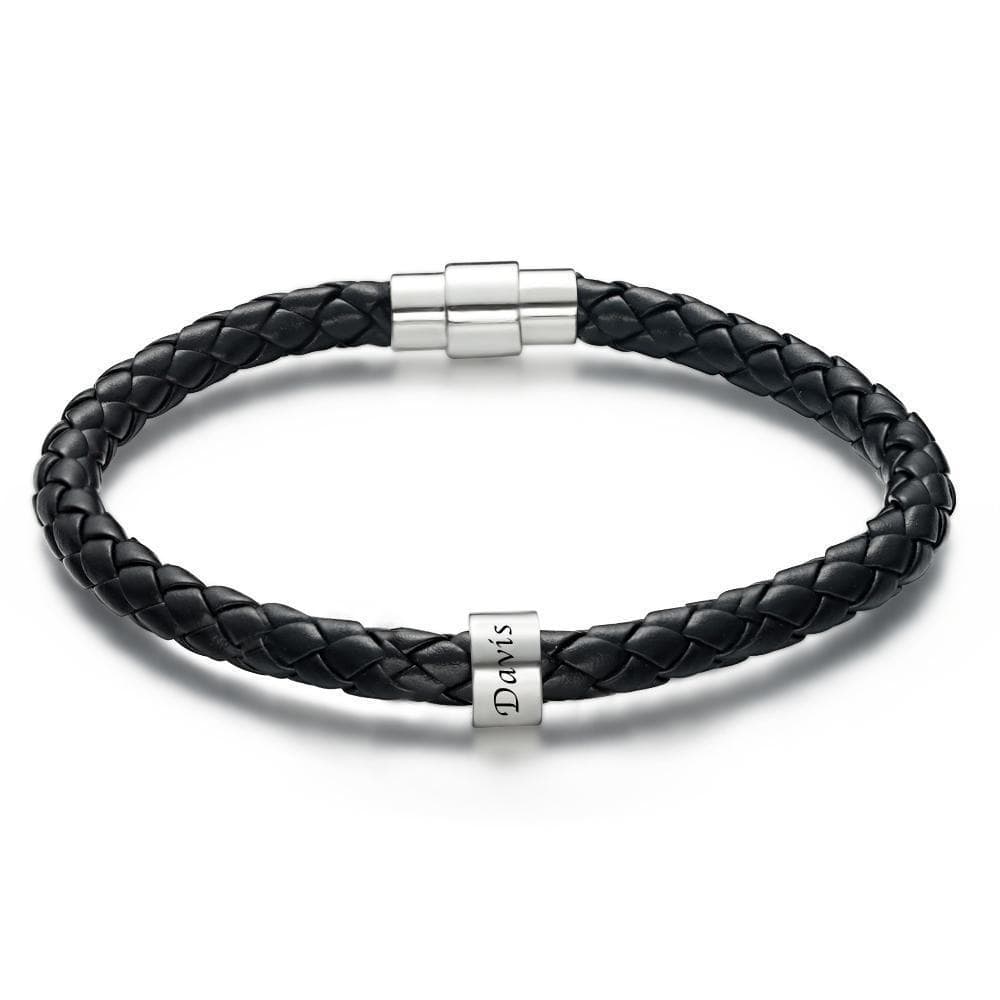 www.personalisedandpretty.com Men's Leather Custom Engraved Bracelet Black Leather 1-6 charms - black braided