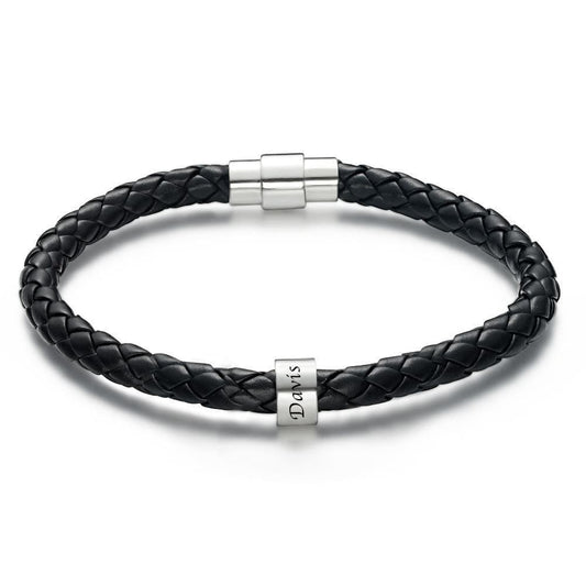 www.personalisedandpretty.com Men's Leather Custom Engraved Bracelet Black Leather 1-6 charms - black braided