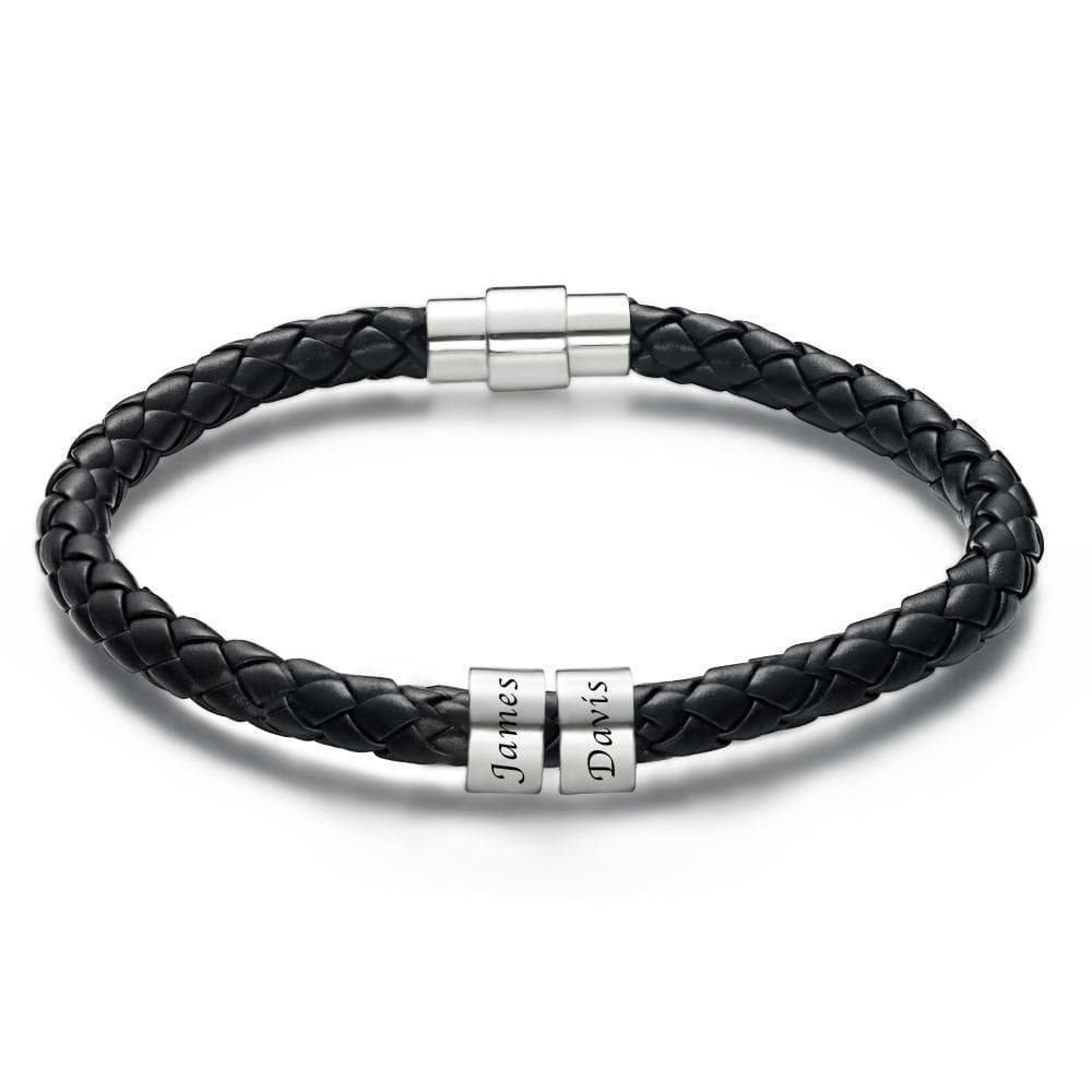 www.personalisedandpretty.com Men's Leather Custom Engraved Bracelet Black Leather 1-6 charms - black braided