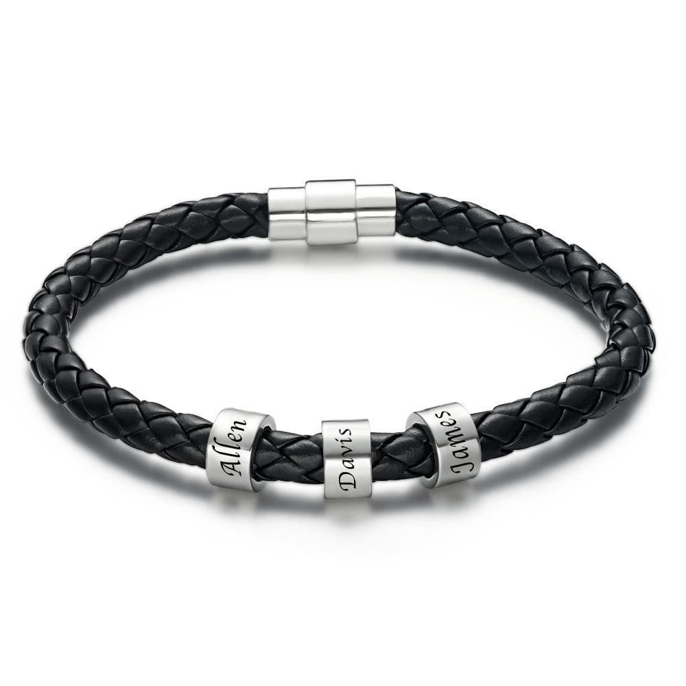 www.personalisedandpretty.com Men's Leather Custom Engraved Bracelet Black Leather 1-6 charms - black braided