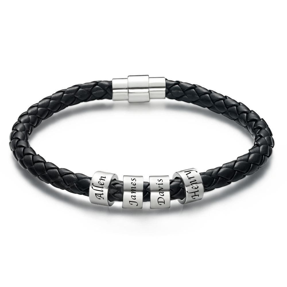 www.personalisedandpretty.com Men's Leather Custom Engraved Bracelet Black Leather 1-6 charms - black braided