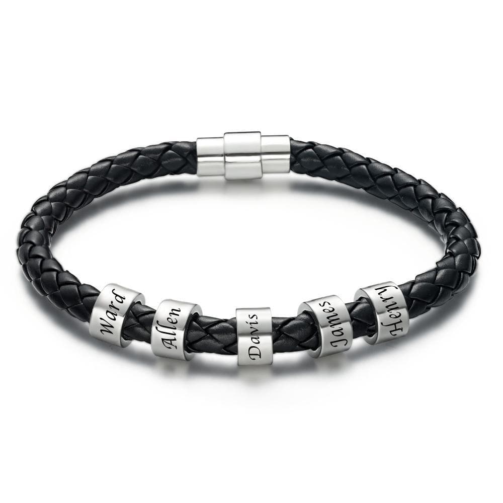 www.personalisedandpretty.com Men's Leather Custom Engraved Bracelet Black Leather 1-6 charms - black braided