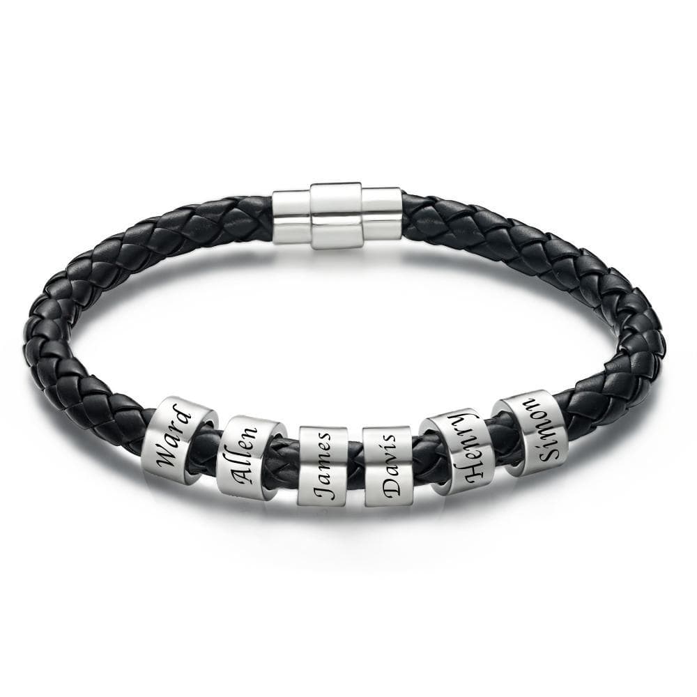 www.personalisedandpretty.com Men's Leather Custom Engraved Bracelet Black Leather 1-6 charms - black braided