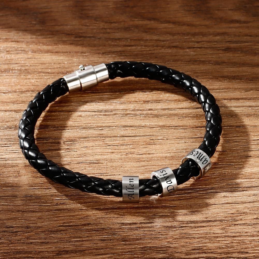 www.personalisedandpretty.com Men's Leather Custom Engraved Bracelet Black Leather 1-6 charms - black braided