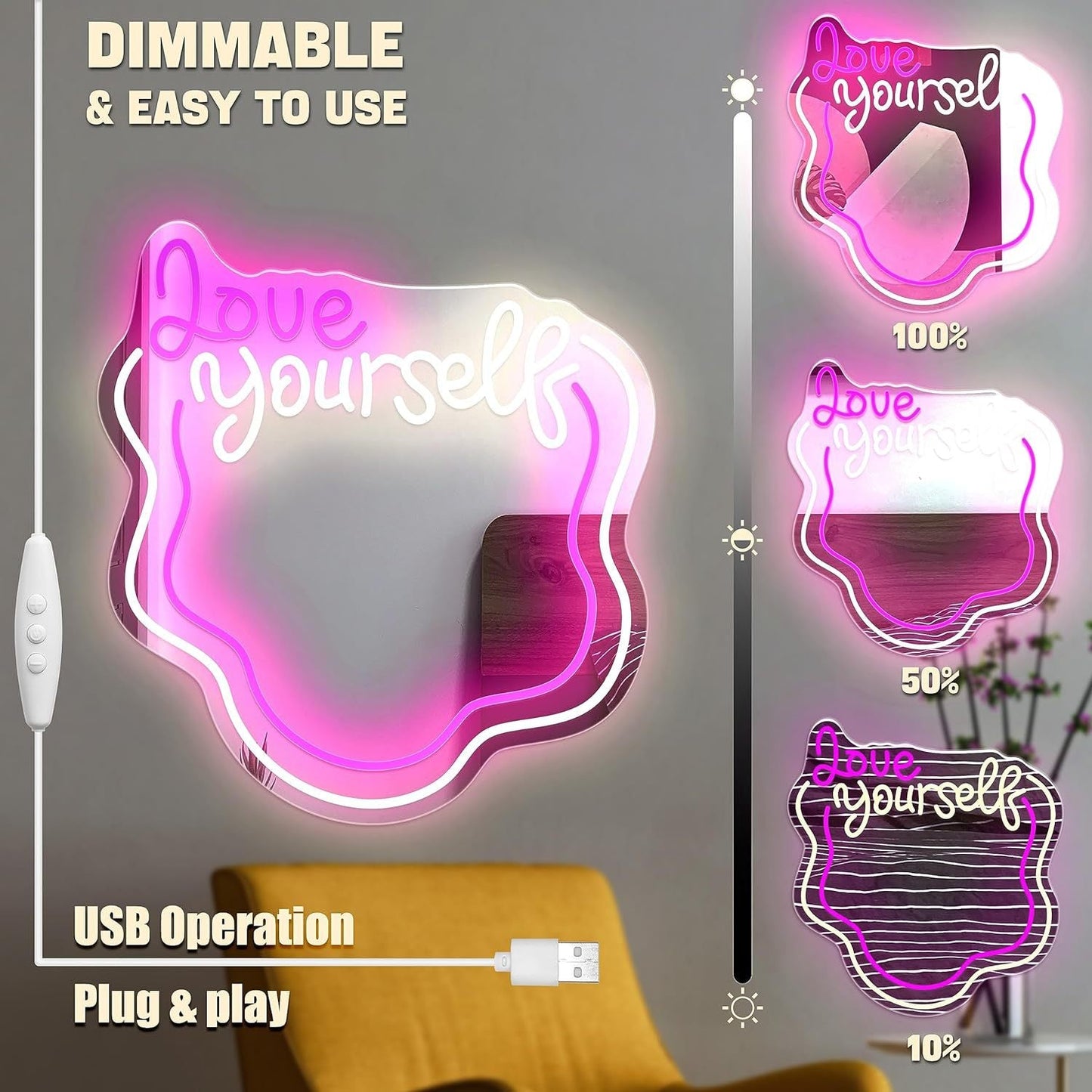 love yourself mirror - neon lights - dimmable - www.personalisedandpretty.com