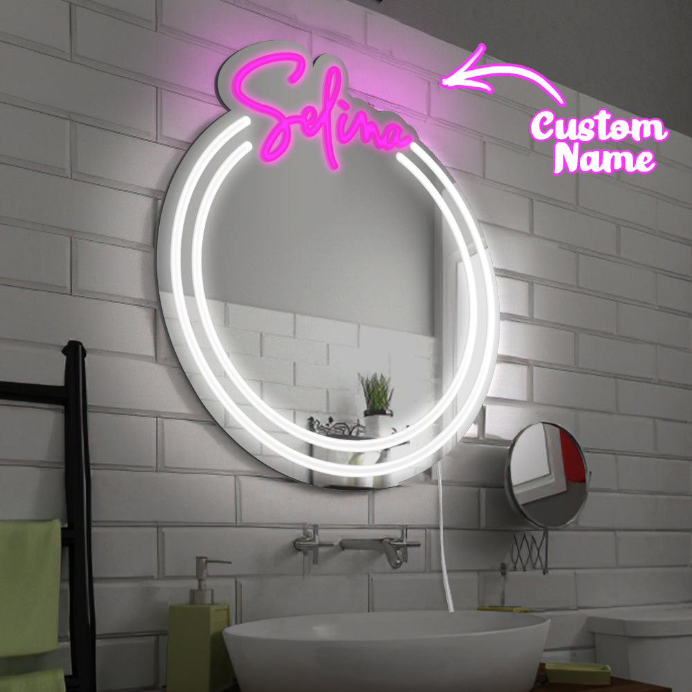 personalised light up name mirror round with LED - WWW.PERSONALISEDANDPRETTY.COM