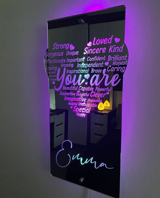 Custom Engraved Affirmation Heart Mirror Light with Name - PersonalisedandPretty.com