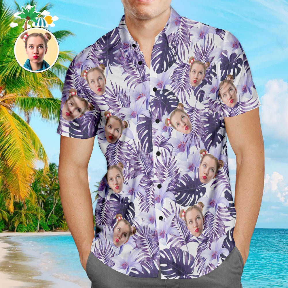 Custom Face Men’s Hawaiian Beach Shirt Purple Rain Forest Leaves Design - PersonalisedandPretty.com