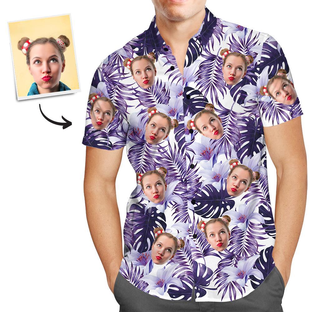 Custom Face Men’s Hawaiian Beach Shirt Purple Rain Forest Leaves Design - PersonalisedandPretty.com