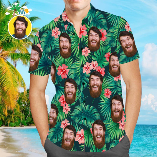 Custom Face Men’s Hawaiian Beach Shirt Red Flowers Design - PersonalisedandPretty.com