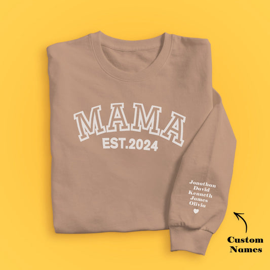 Custom Name Puff Print Mama Sweatshirt EST 2024 - sleeve names - PersonalisedandPretty.com