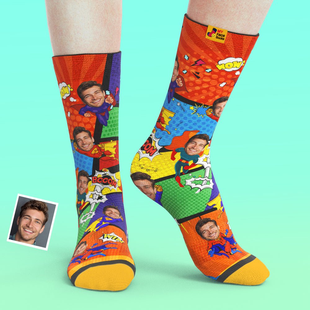 Custom Socks My Face Socks Add Pictures and Name - Superhero Design - PersonalisedandPretty.com