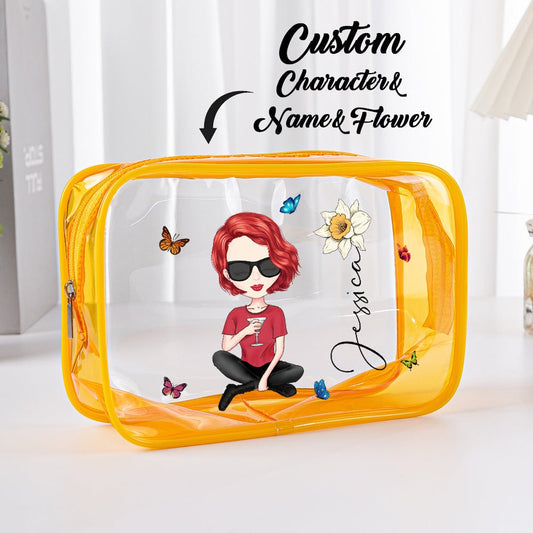 Personalised Cartoon Girl Clear Waterproof Makeup Bag with Name - PersonalisedandPretty.com