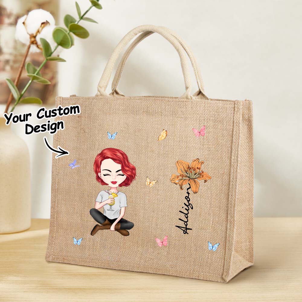 Personalised Cartoon Women/Girl Birth Flower Tote Bag with Name - PersonalisedandPretty.com