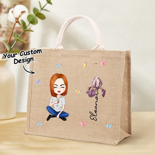 Personalised Cartoon Women/Girl Birth Flower Tote Bag with Name - PersonalisedandPretty.com