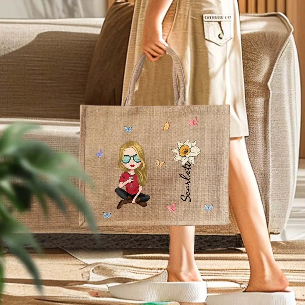 Personalised Cartoon Women/Girl Birth Flower Tote Bag with Name - PersonalisedandPretty.com