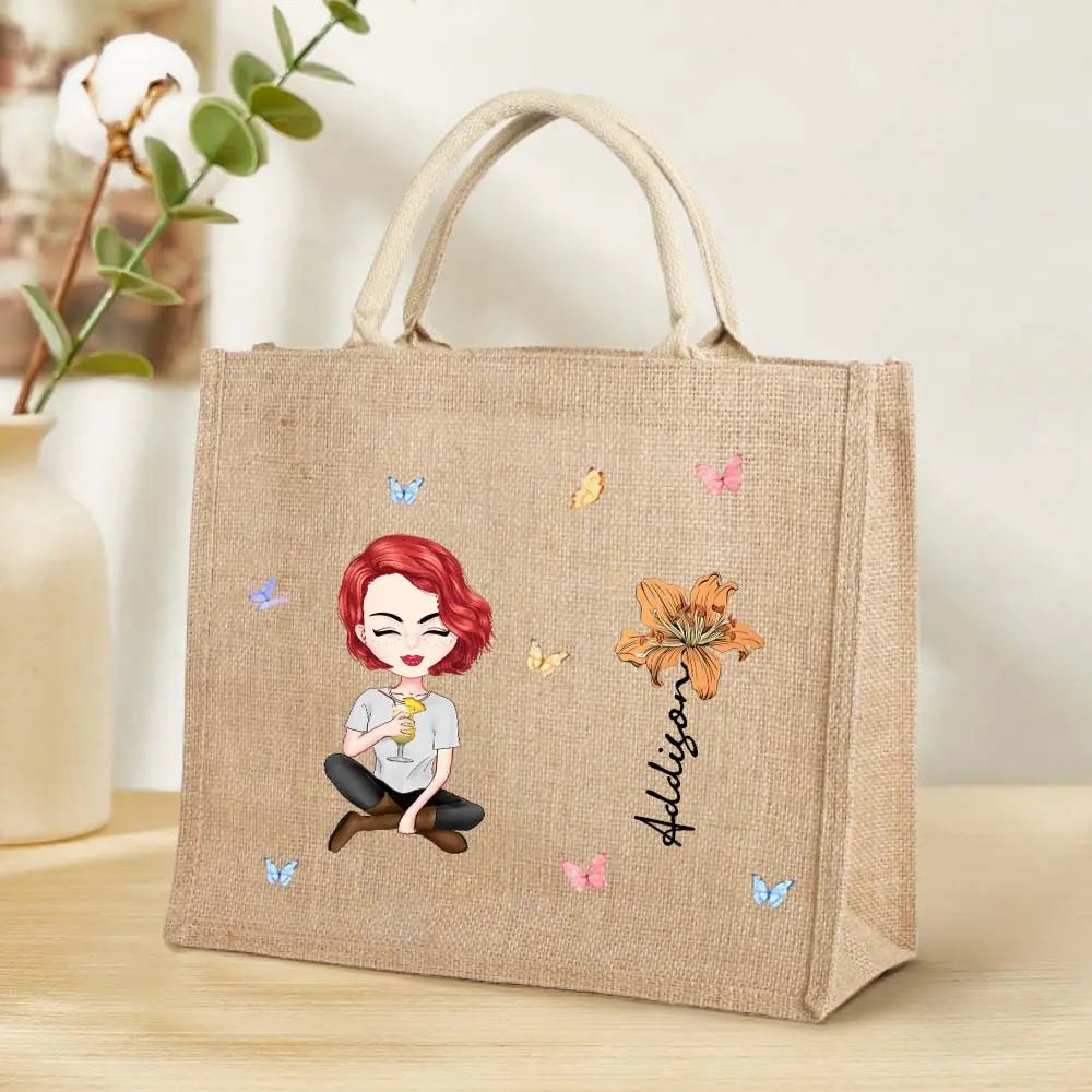 Personalised Cartoon Women/Girl Birth Flower Tote Bag with Name - PersonalisedandPretty.com