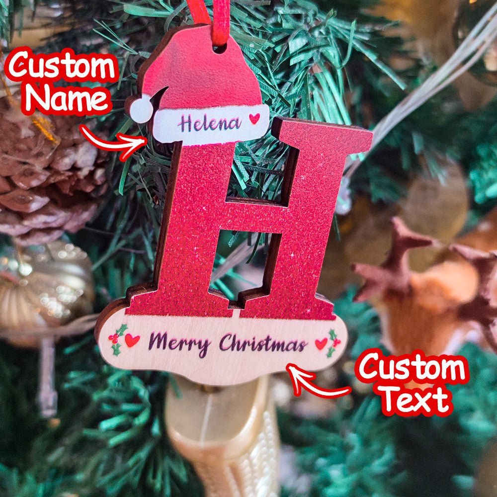 Personalised Christmas Letter Ornament with Red Hat Custom Name Christmas Tree Decoration - PersonalisedandPretty.com