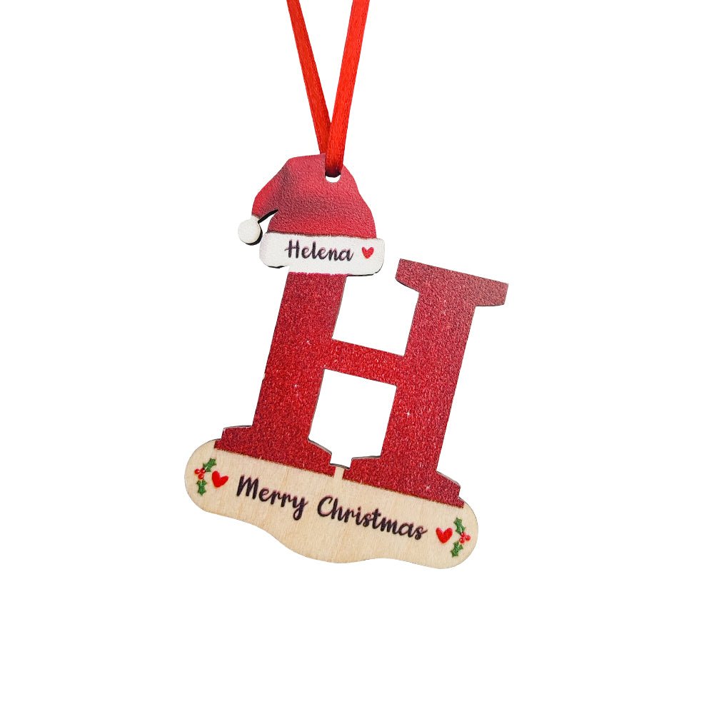 Personalised Christmas Letter Ornament with Red Hat Custom Name Christmas Tree Decoration - PersonalisedandPretty.com