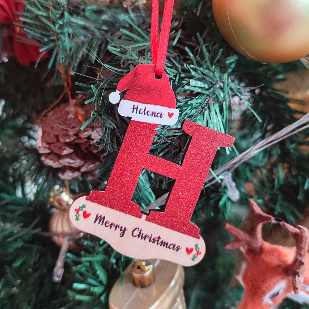 Personalised Christmas Letter Ornament with Red Hat Custom Name Christmas Tree Decoration - PersonalisedandPretty.com