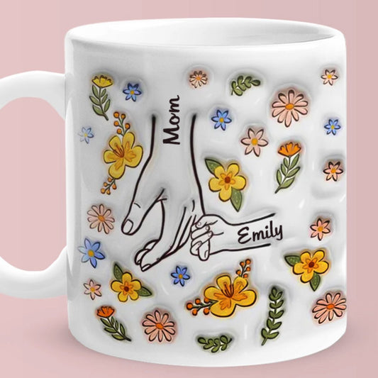 Personalised Names Engraved Hand in Hand Mug with Floral Mother's Day Gifts - PersonalisedandPretty.com