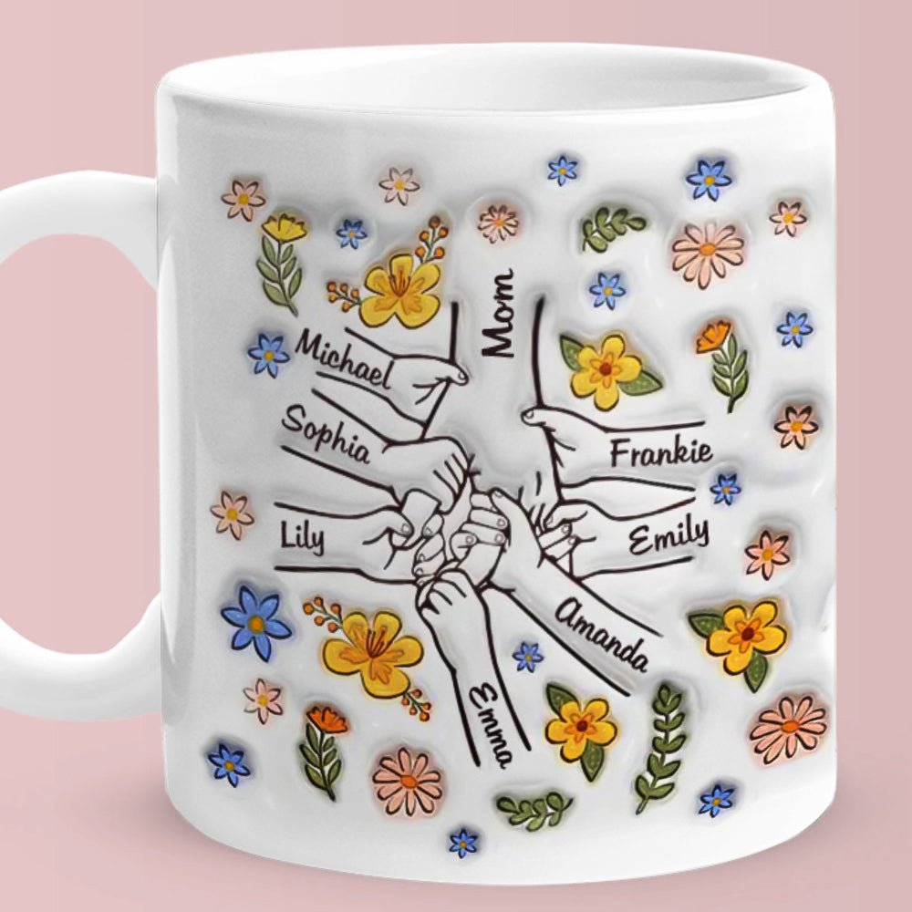 Personalised Names Engraved Hand in Hand Mug with Floral Mother's Day Gifts - PersonalisedandPretty.com