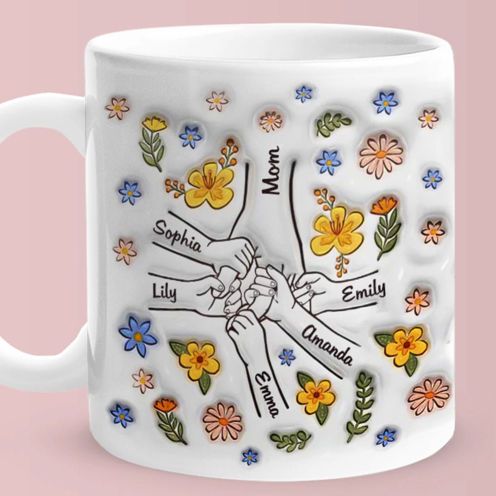 Personalised Names Engraved Hand in Hand Mug with Floral Mother's Day Gifts - PersonalisedandPretty.com