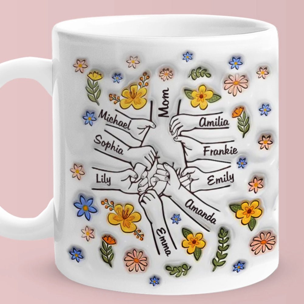 Personalised Names Engraved Hand in Hand Mug with Floral Mother's Day Gifts - PersonalisedandPretty.com