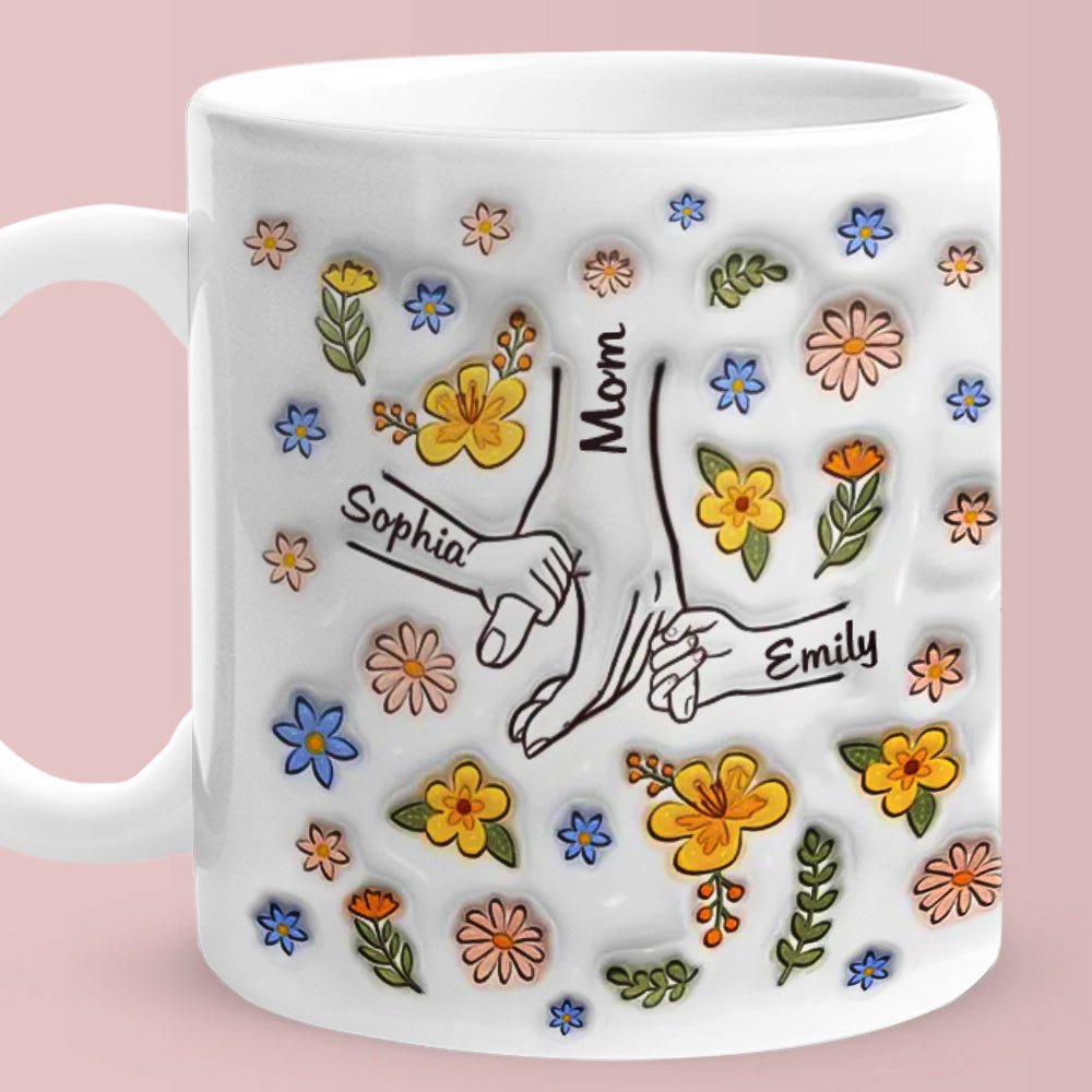 Personalised Names Engraved Hand in Hand Mug with Floral Mother's Day Gifts - PersonalisedandPretty.com